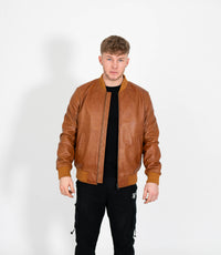 Men's Racer Style Leather Bomber Jacket - Tan