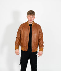 Men's Racer Style Leather Bomber Jacket - Tan