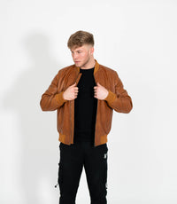 Men's Racer Style Leather Bomber Jacket - Tan
