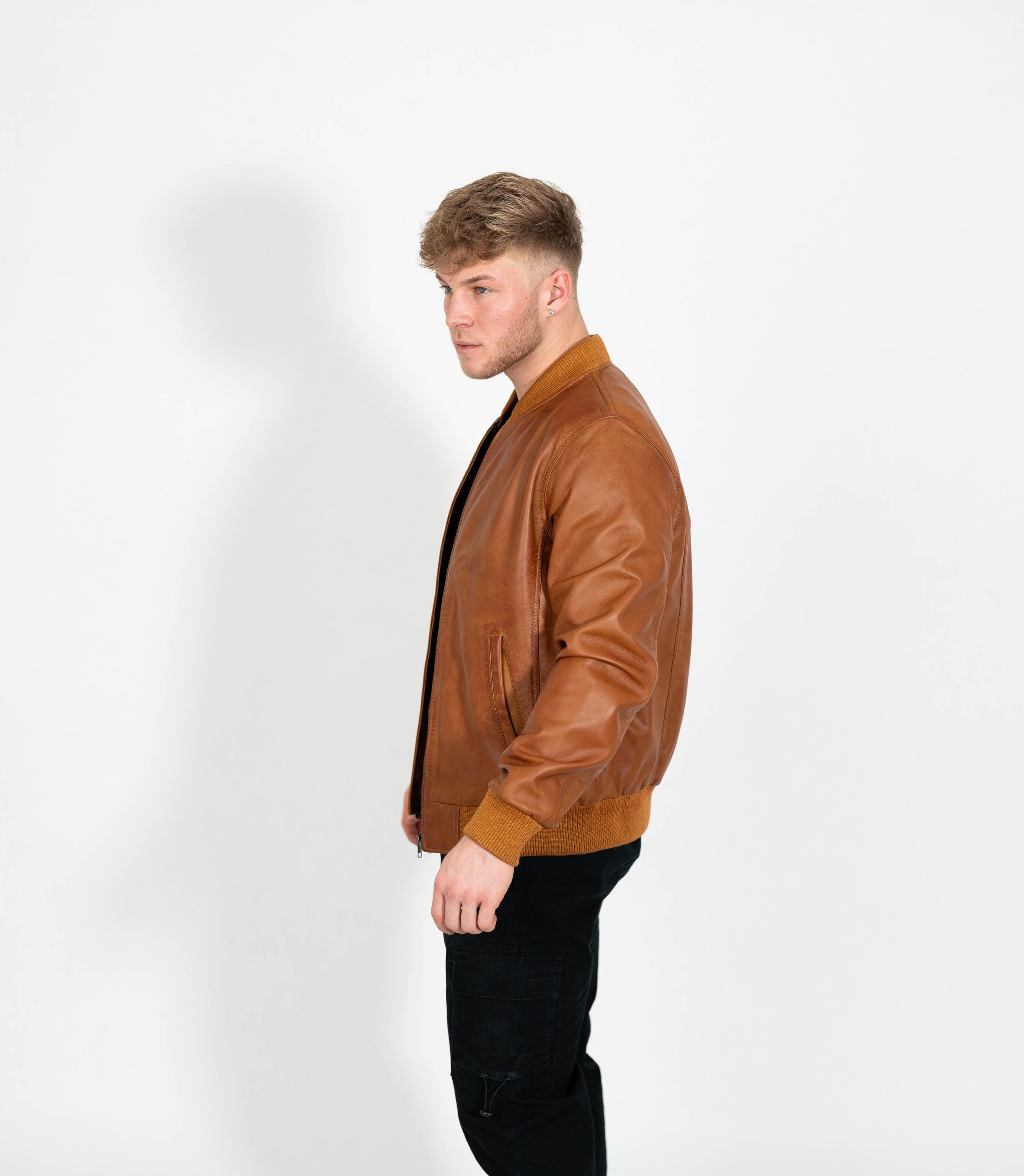 Men's Racer Style Leather Bomber Jacket - Tan