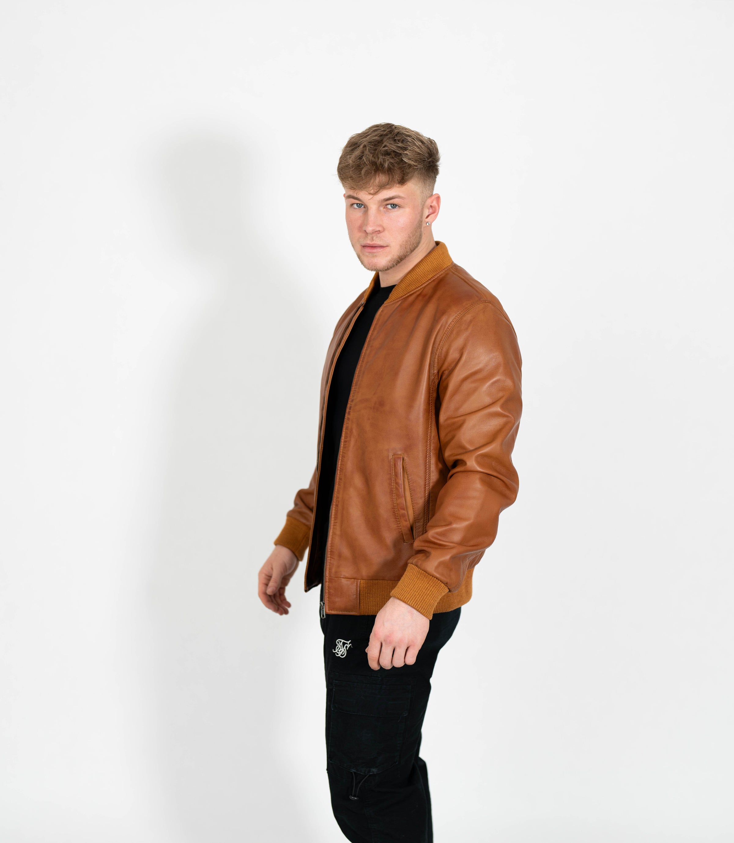Men's Racer Style Leather Bomber Jacket - Tan