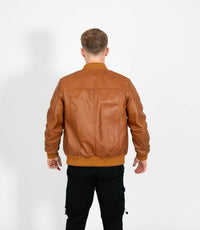 Men's Racer Style Leather Bomber Jacket - Tan