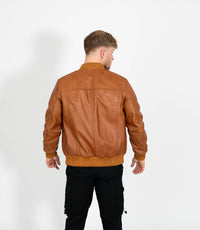 Men's Racer Style Leather Bomber Jacket - Tan