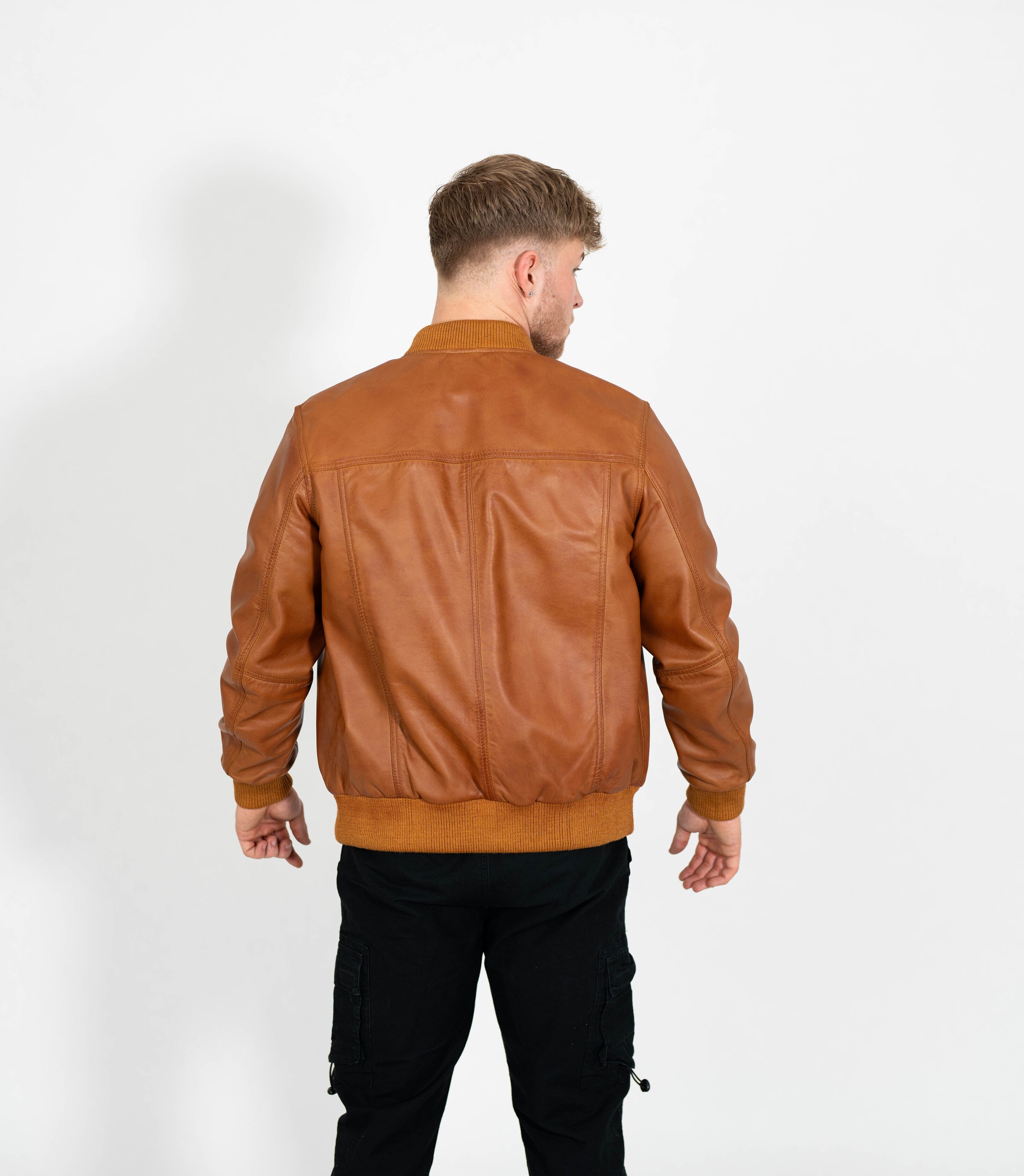 Men's Racer Style Leather Bomber Jacket - Tan