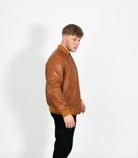 Men's Racer Style Leather Bomber Jacket - Tan