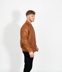Men's Racer Style Leather Bomber Jacket - Tan