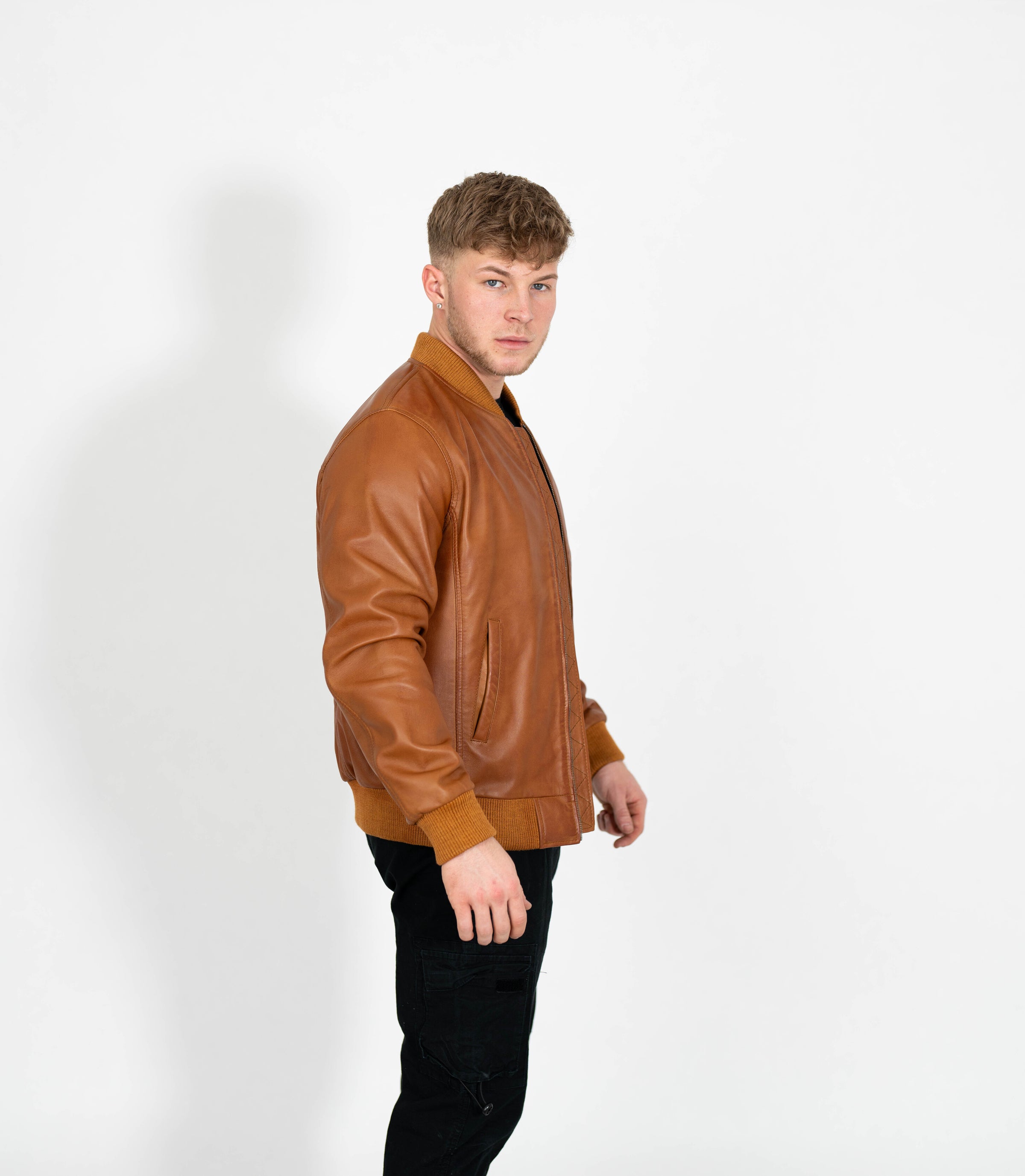Men's Racer Style Leather Bomber Jacket - Tan