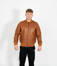 Men's Racer Style Leather Bomber Jacket - Tan