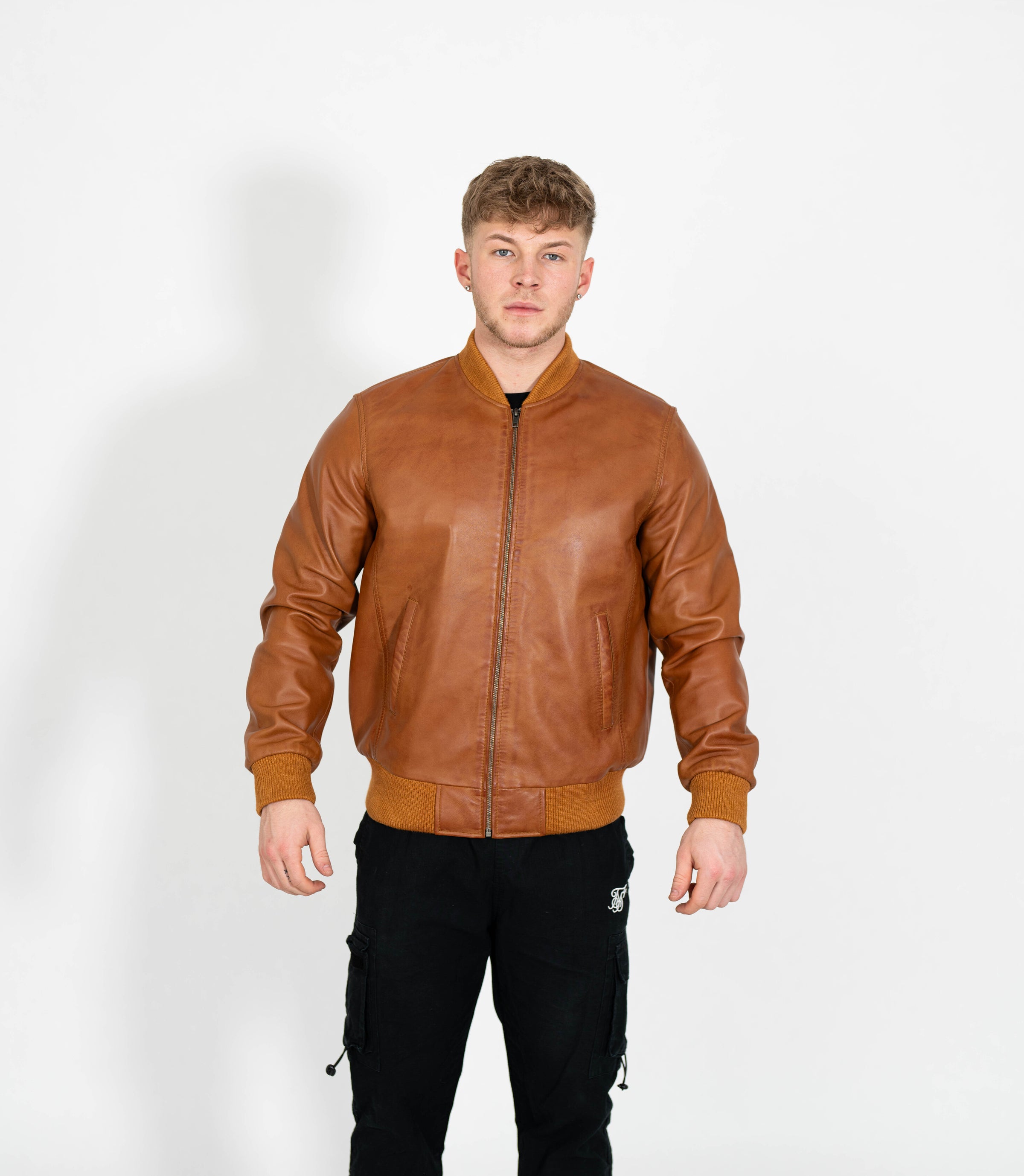 Men's Racer Style Leather Bomber Jacket - Tan
