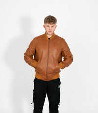 Men's Racer Style Leather Bomber Jacket - Tan
