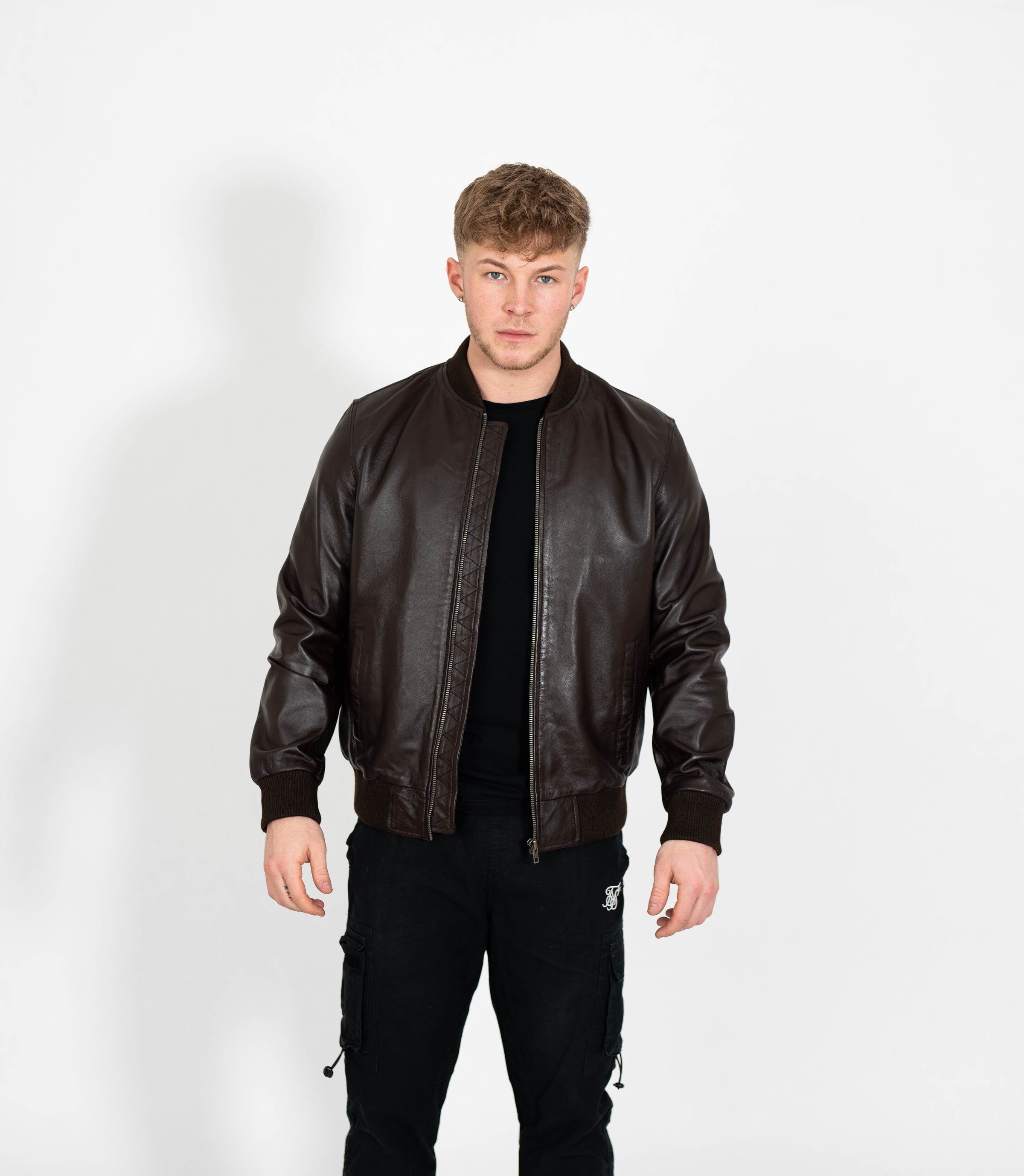 Men's Racer Style Leather Bomber Jacket - Brown
