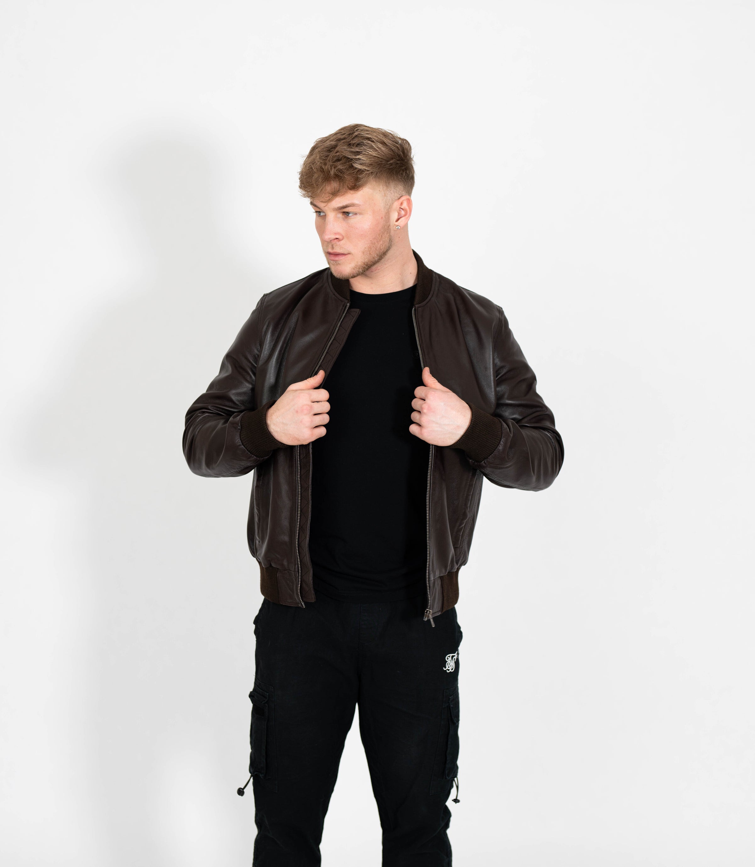 Men's Racer Style Leather Bomber Jacket - Brown