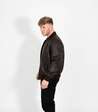 Men's Racer Style Leather Bomber Jacket - Brown