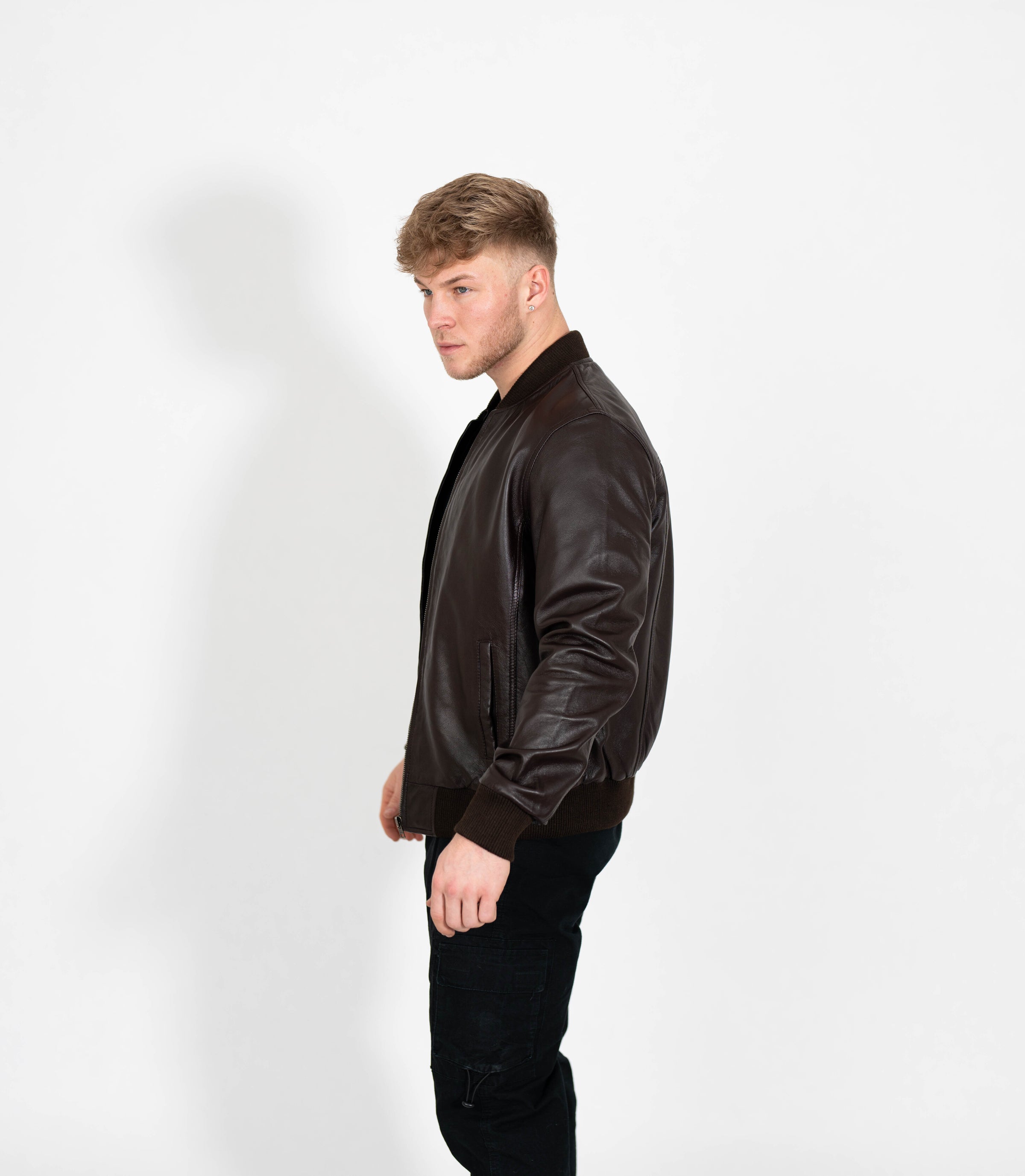Men's Racer Style Leather Bomber Jacket - Brown