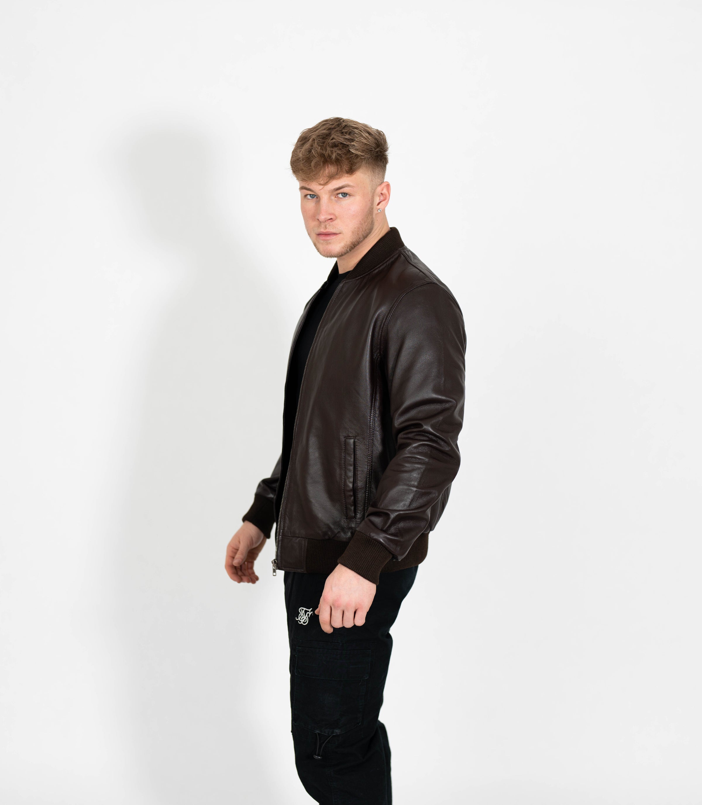 Men's Racer Style Leather Bomber Jacket - Brown