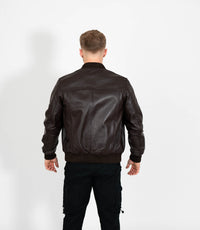 Men's Racer Style Leather Bomber Jacket - Brown