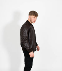 Men's Racer Style Leather Bomber Jacket - Brown
