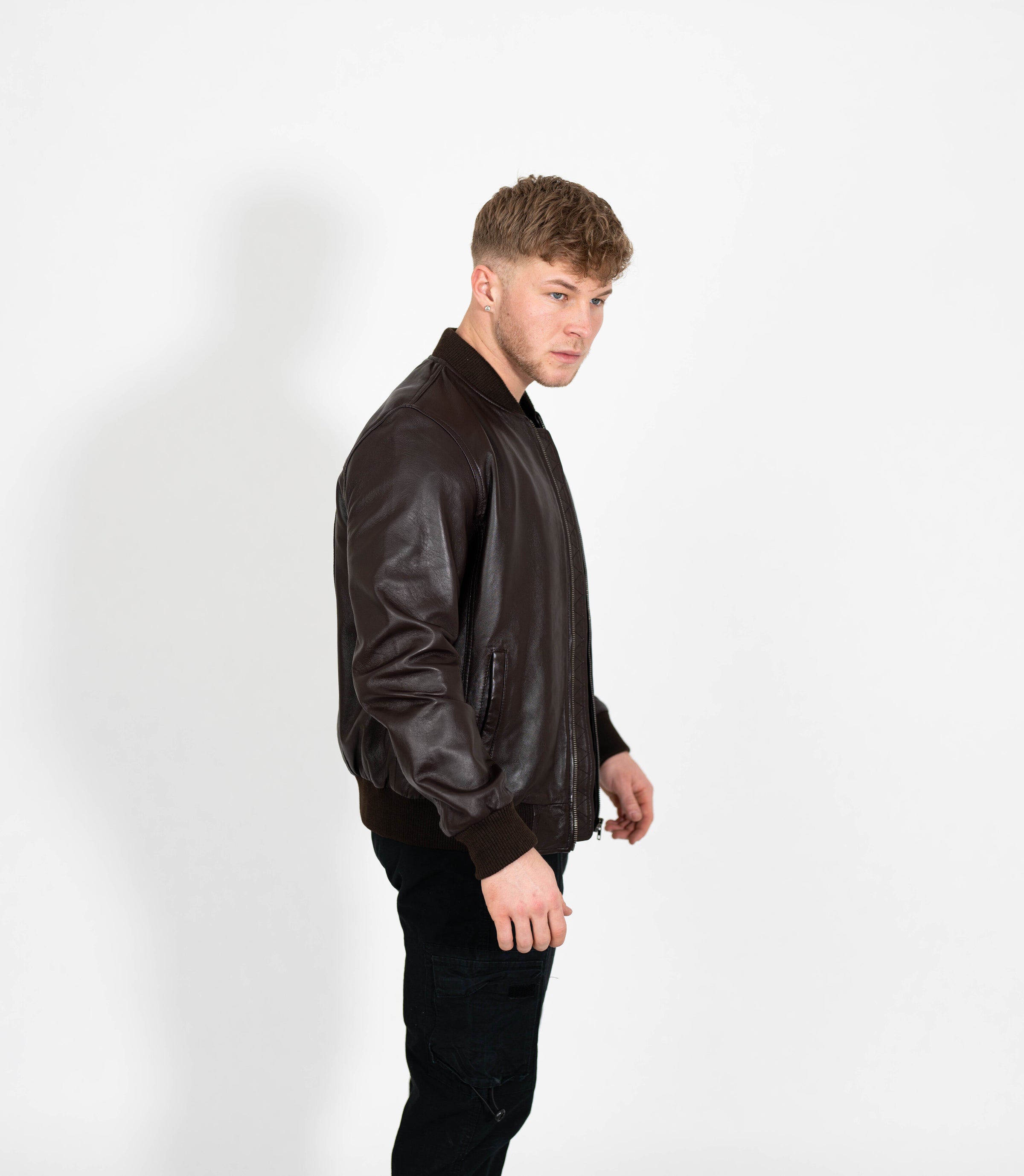 Men's Racer Style Leather Bomber Jacket - Brown