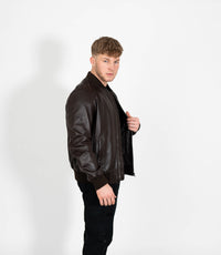 Men's Racer Style Leather Bomber Jacket - Brown