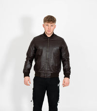 Men's Racer Style Leather Bomber Jacket - Brown