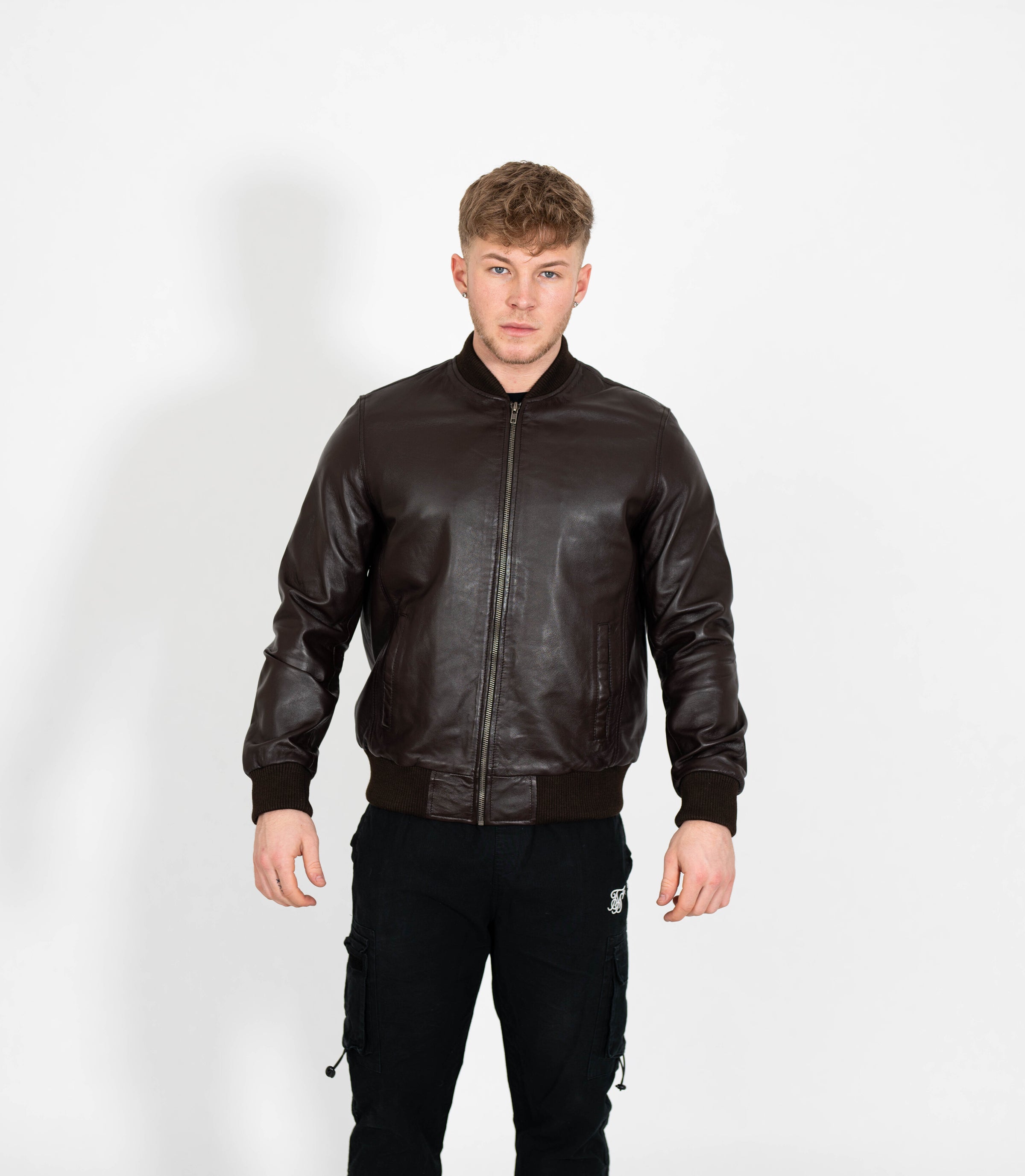 Men's Racer Style Leather Bomber Jacket - Brown