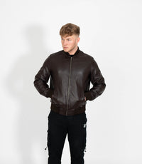 Men's Racer Style Leather Bomber Jacket - Brown