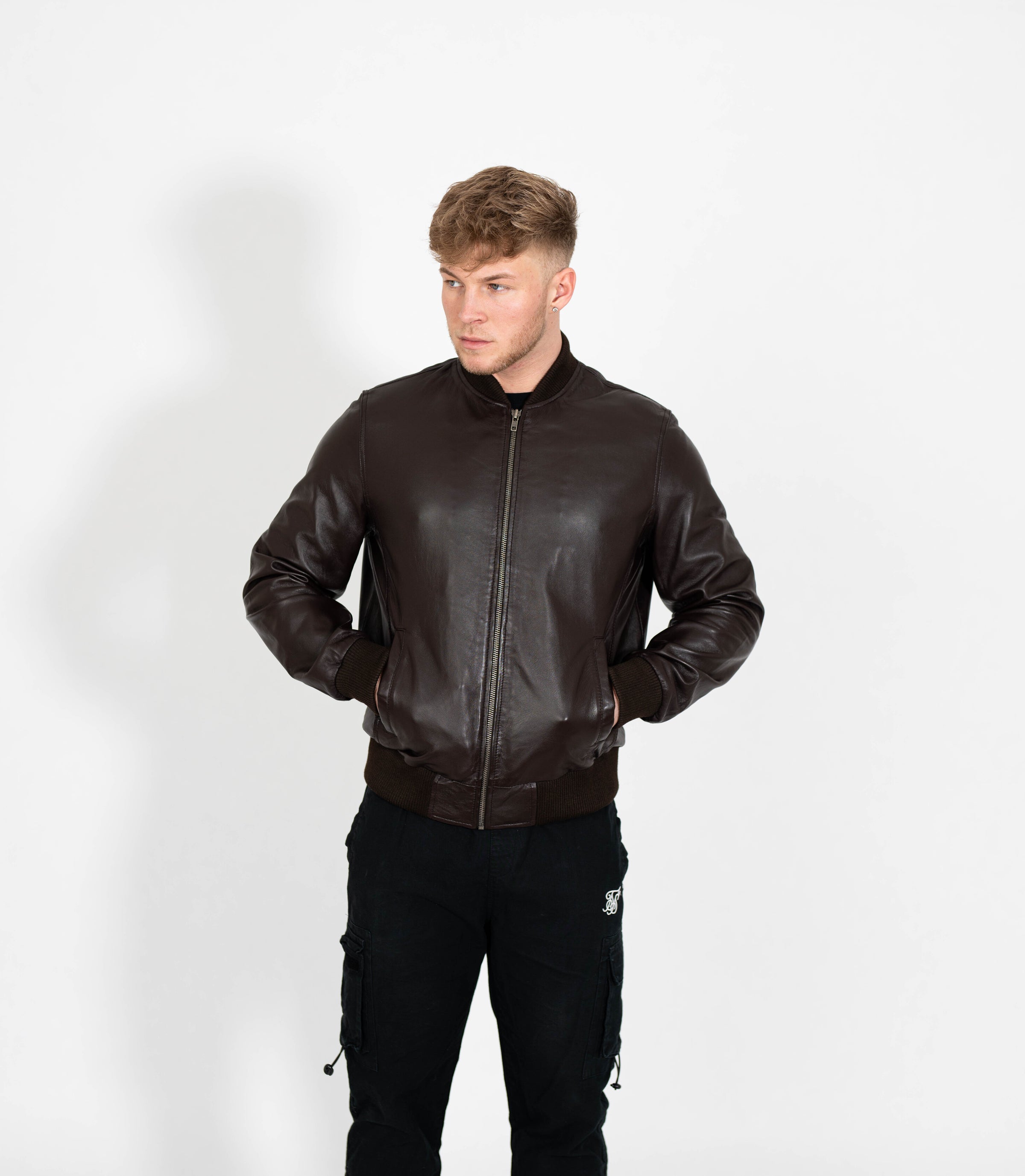 Men's Racer Style Leather Bomber Jacket - Brown