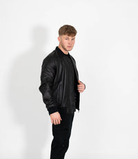 Men's Racer Style Leather Bomber Jacket - Black