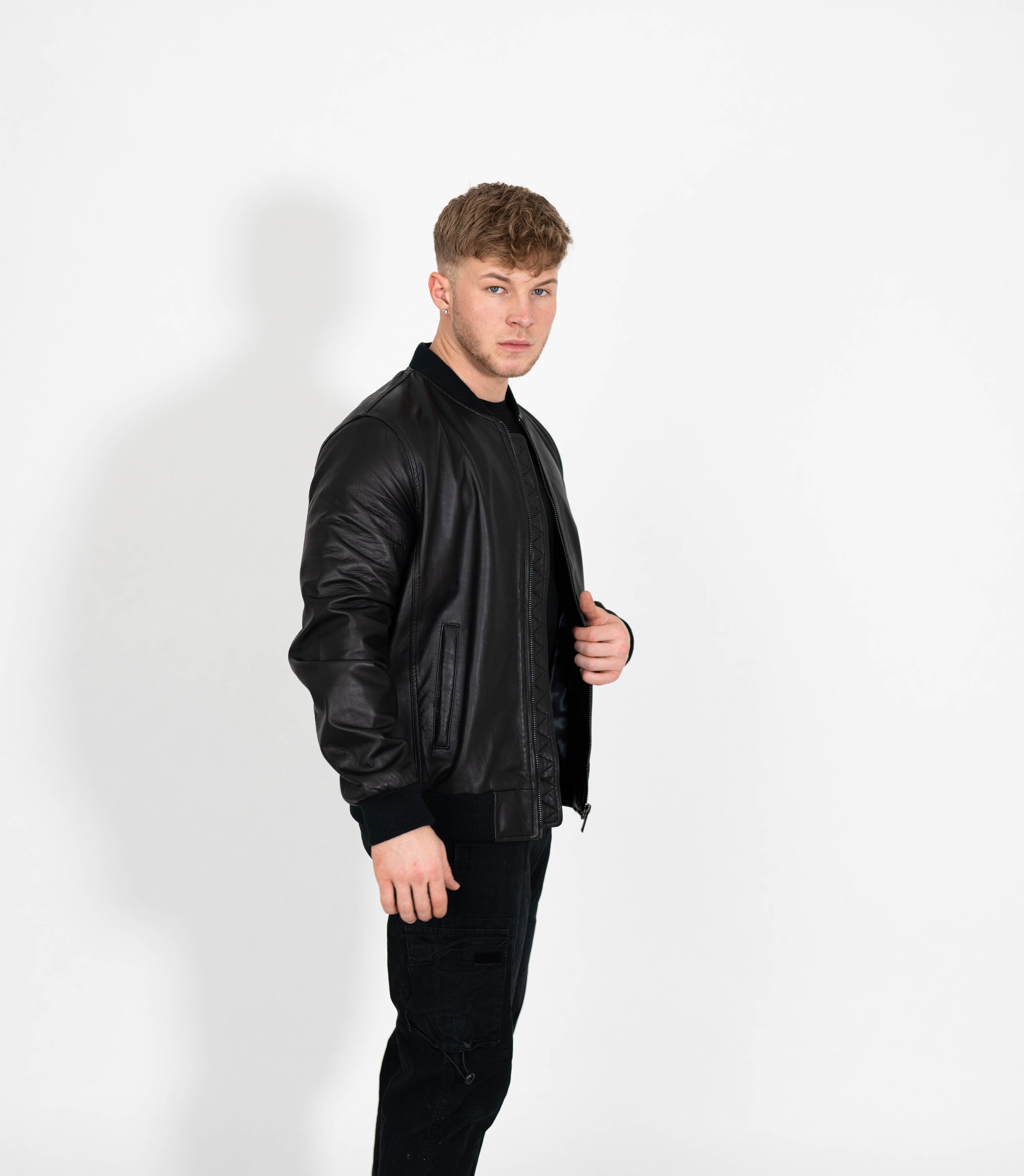 Men's Racer Style Leather Bomber Jacket - Black