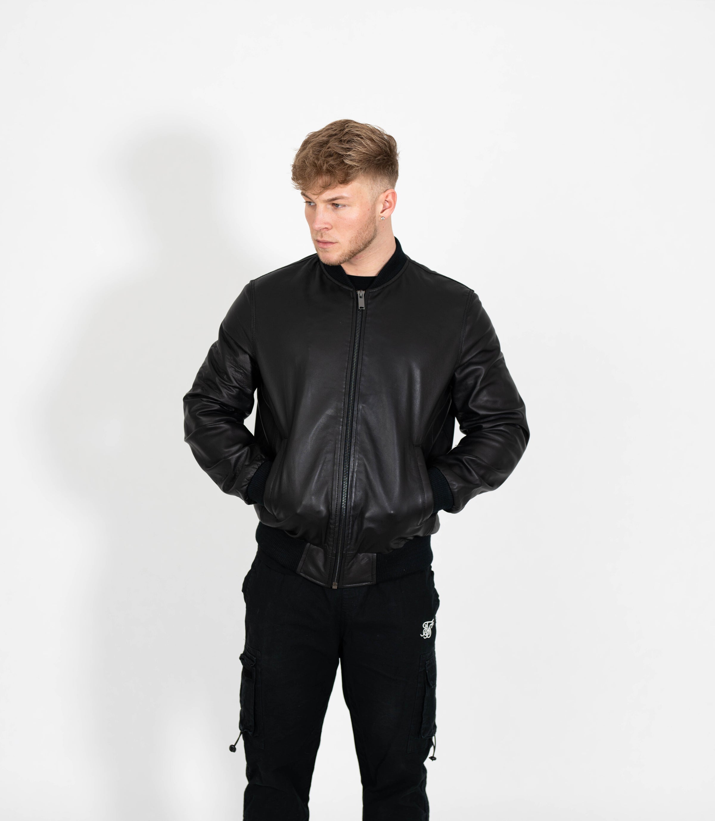 Men's Racer Style Leather Bomber Jacket - Black