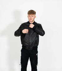 Men's Racer Style Leather Bomber Jacket - Black