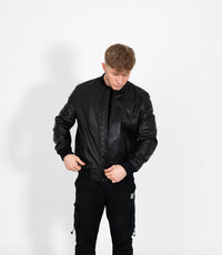 Men's Racer Style Leather Bomber Jacket - Black