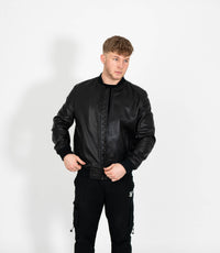 Men's Racer Style Leather Bomber Jacket - Black
