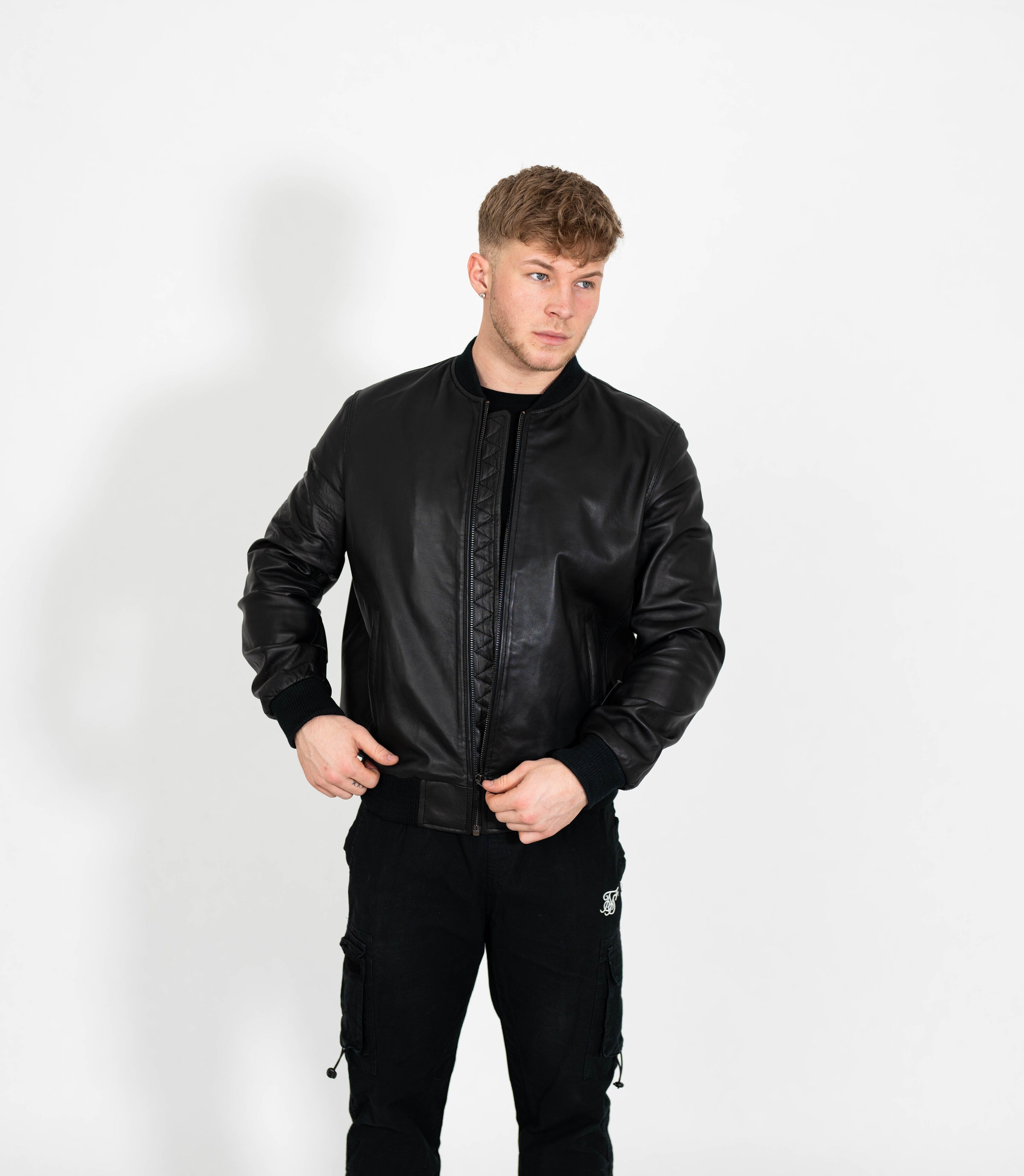 Men's Racer Style Leather Bomber Jacket - Black