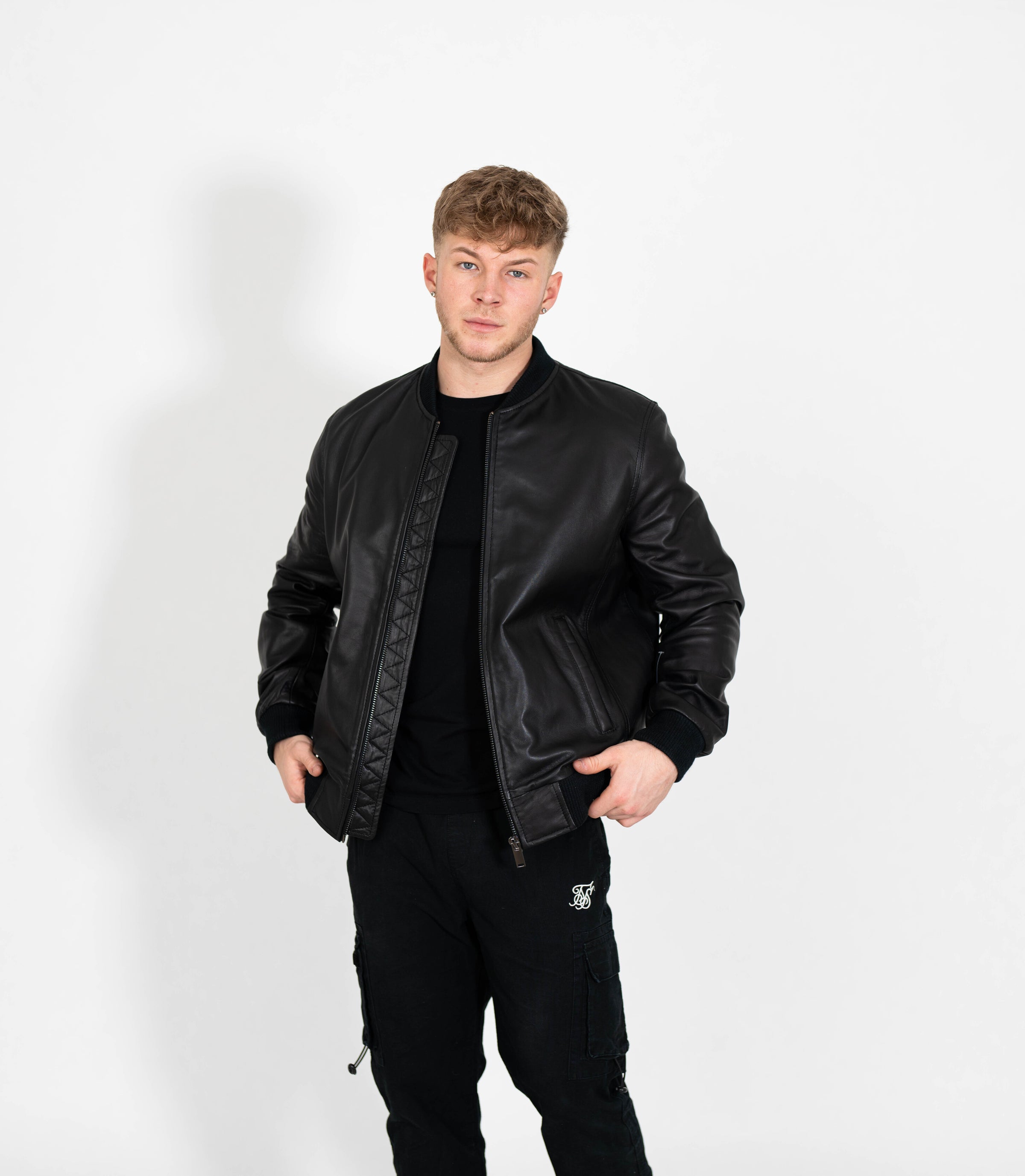 Men's Racer Style Leather Bomber Jacket - Black