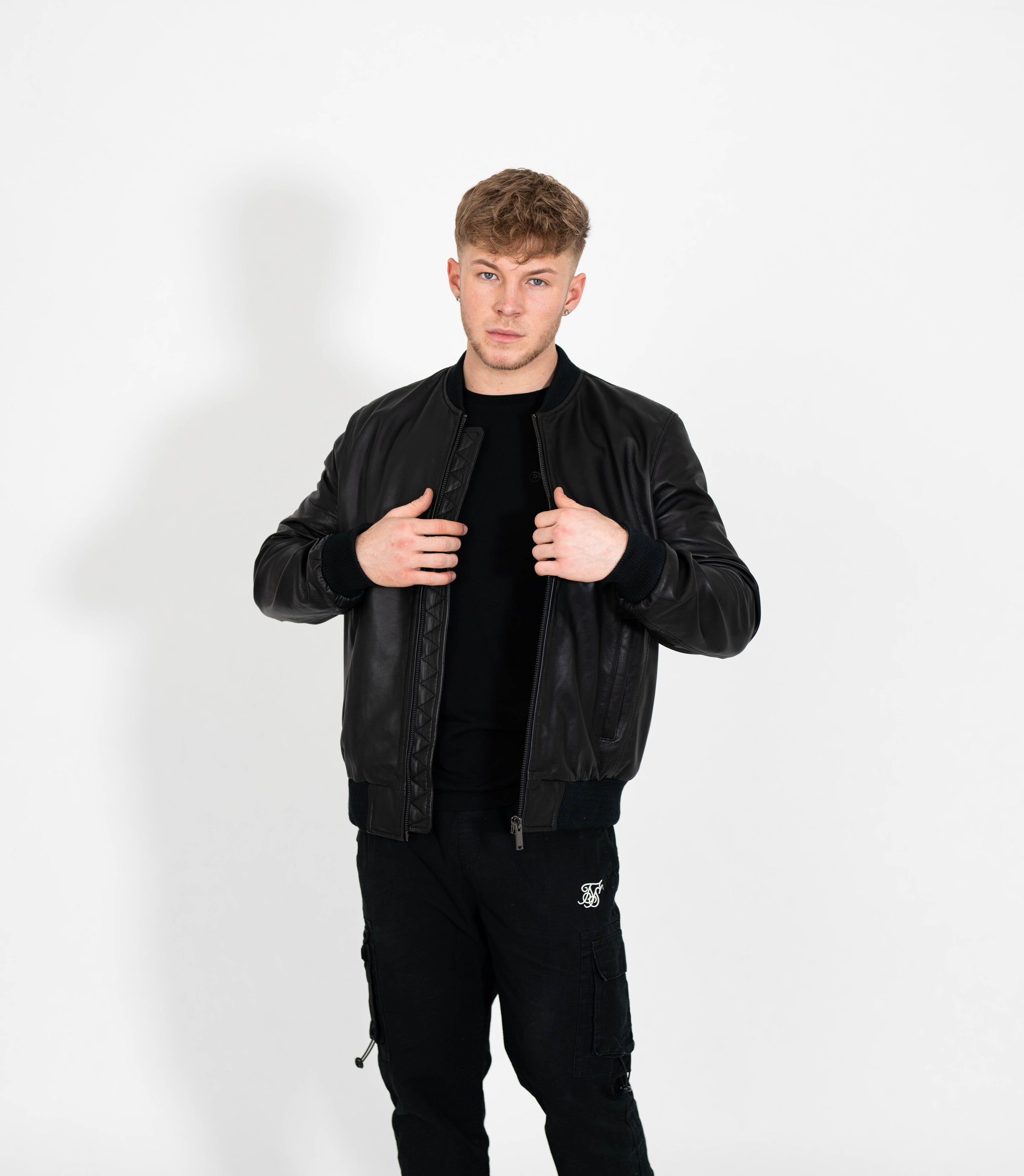 Men's Racer Style Leather Bomber Jacket - Black