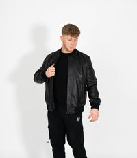 Men's Racer Style Leather Bomber Jacket - Black