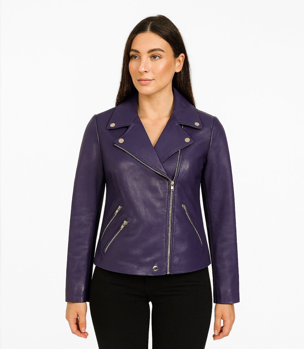 Women's Biker Style Cross Zip Leather Jacket - Purple – Brick Lane