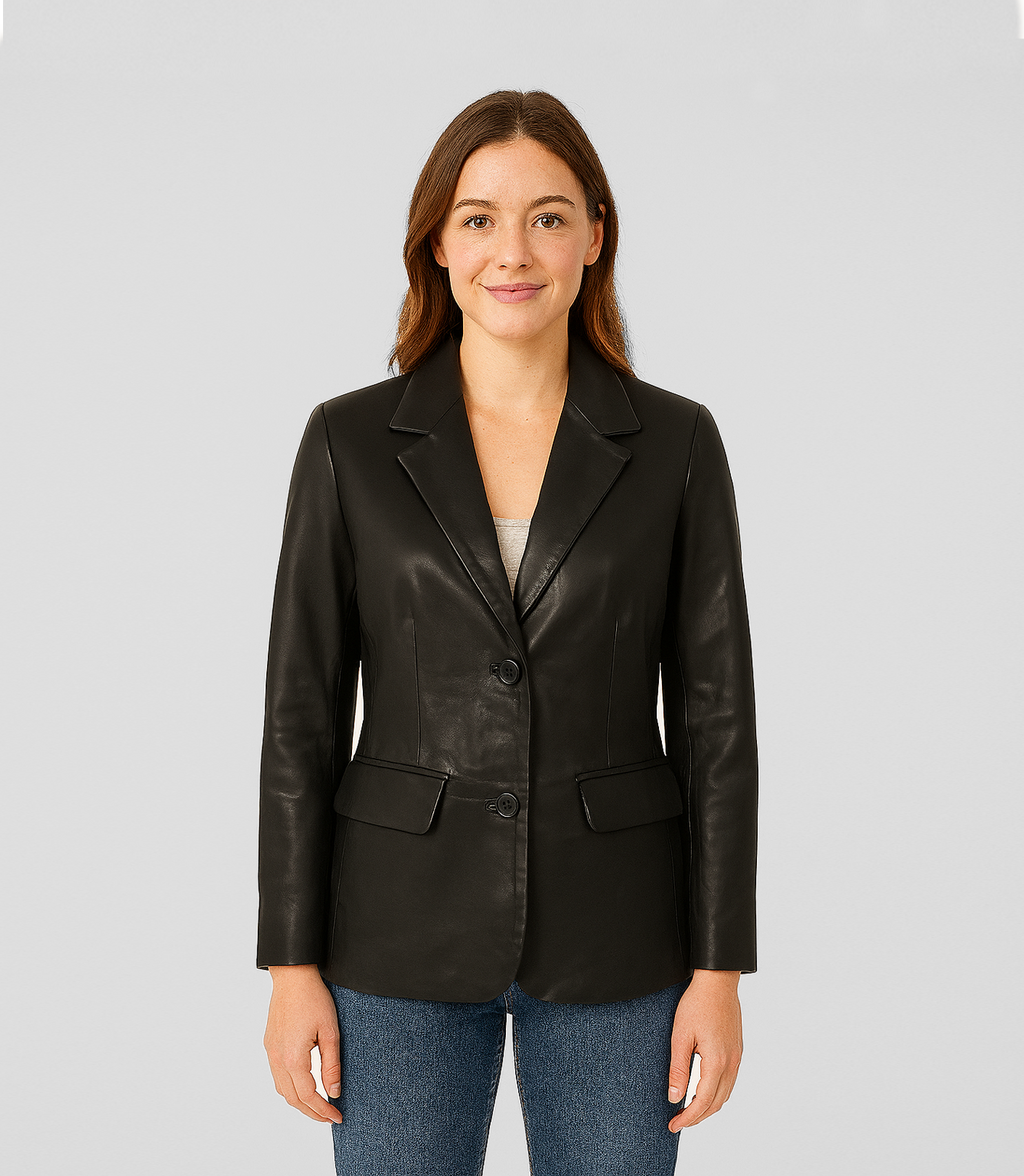 Women's Hip-Length Leather Blazer - Black Brick Lane Leather Co. Women's Hip-Length Leather Blazer - Black Brick Lane Leather Co.