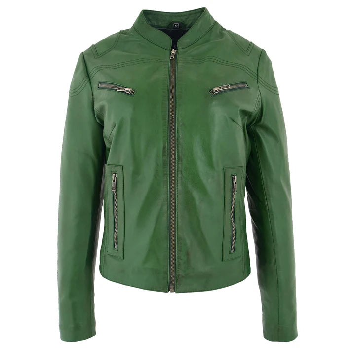 Women's Mandarin Collar Leather Biker Jacket