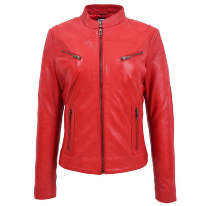 Women's Mandarin Collar Leather Biker Jacket