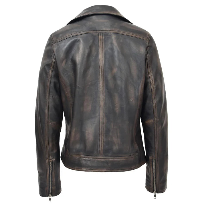 Women's Cross Zip Leather Biker Jacket