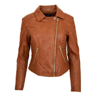 Women's Cross Zip Quilted Biker Style Leather Jacket