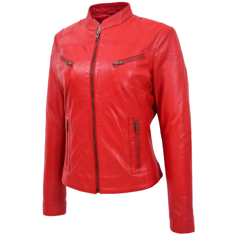 Women's Mandarin Collar Leather Biker Jacket