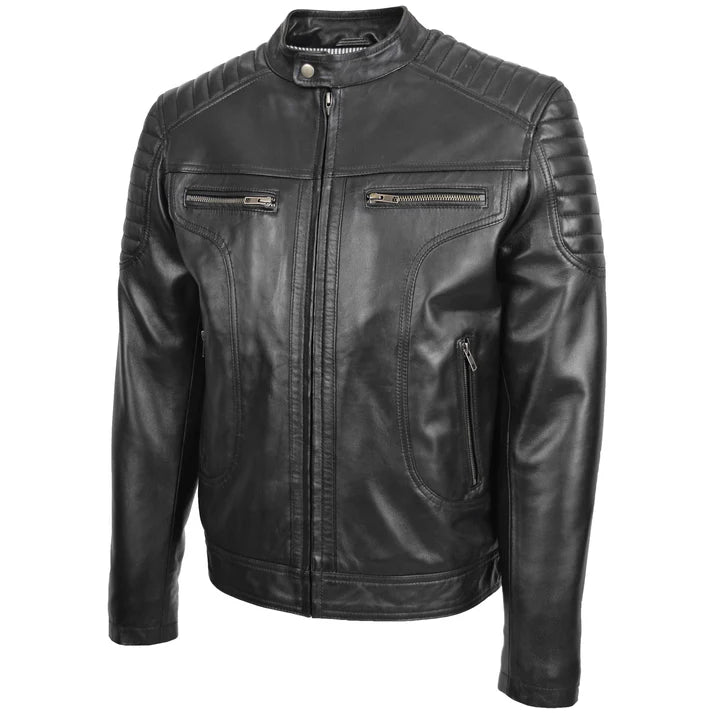 Men's Quilted Leather Biker Style Zip Jacket