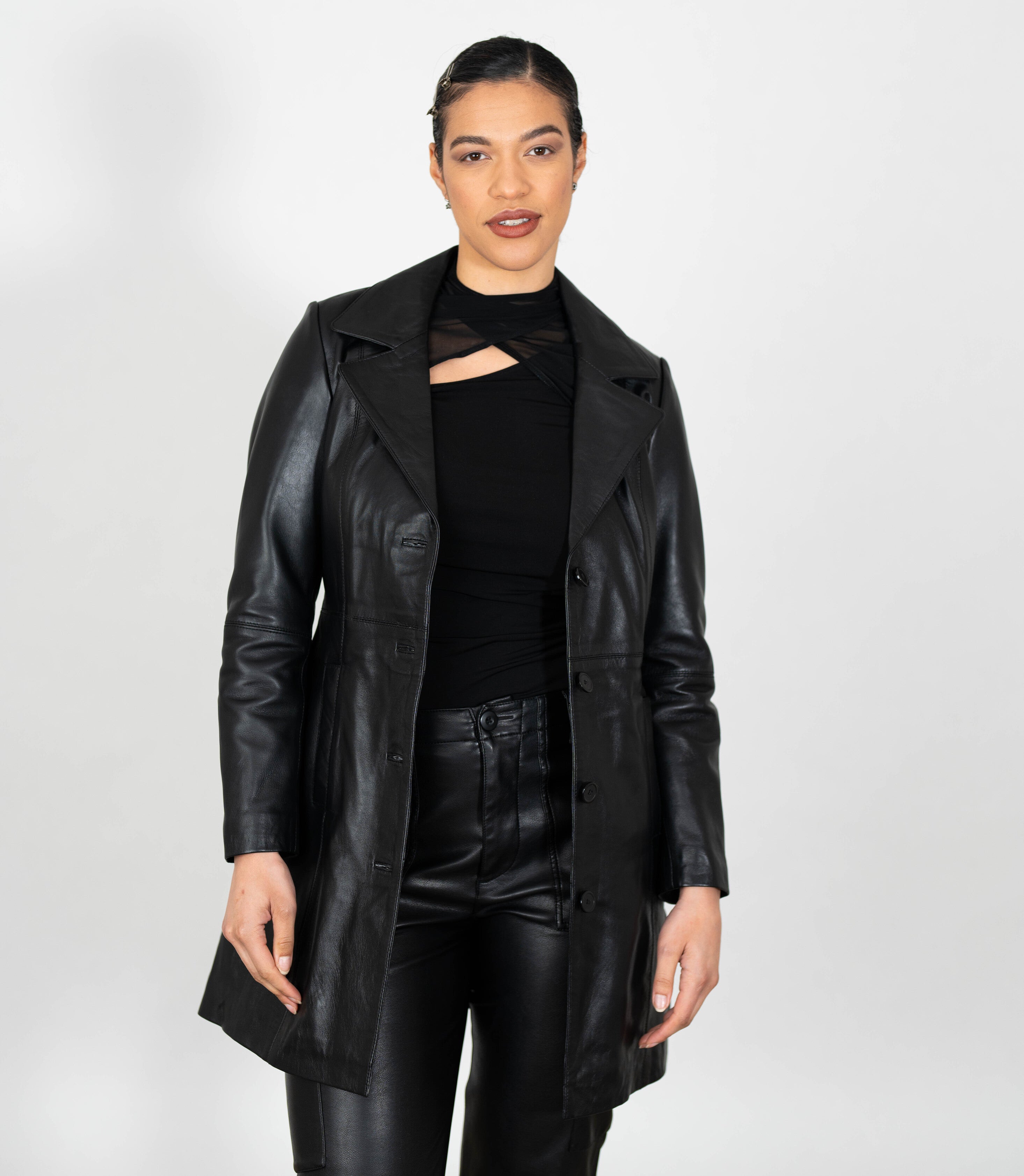 Women's 3/4 Length Classic Leather Coat - Black – Brick Lane
