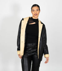 Women's Hooded Duffle Leather Jacket - Black