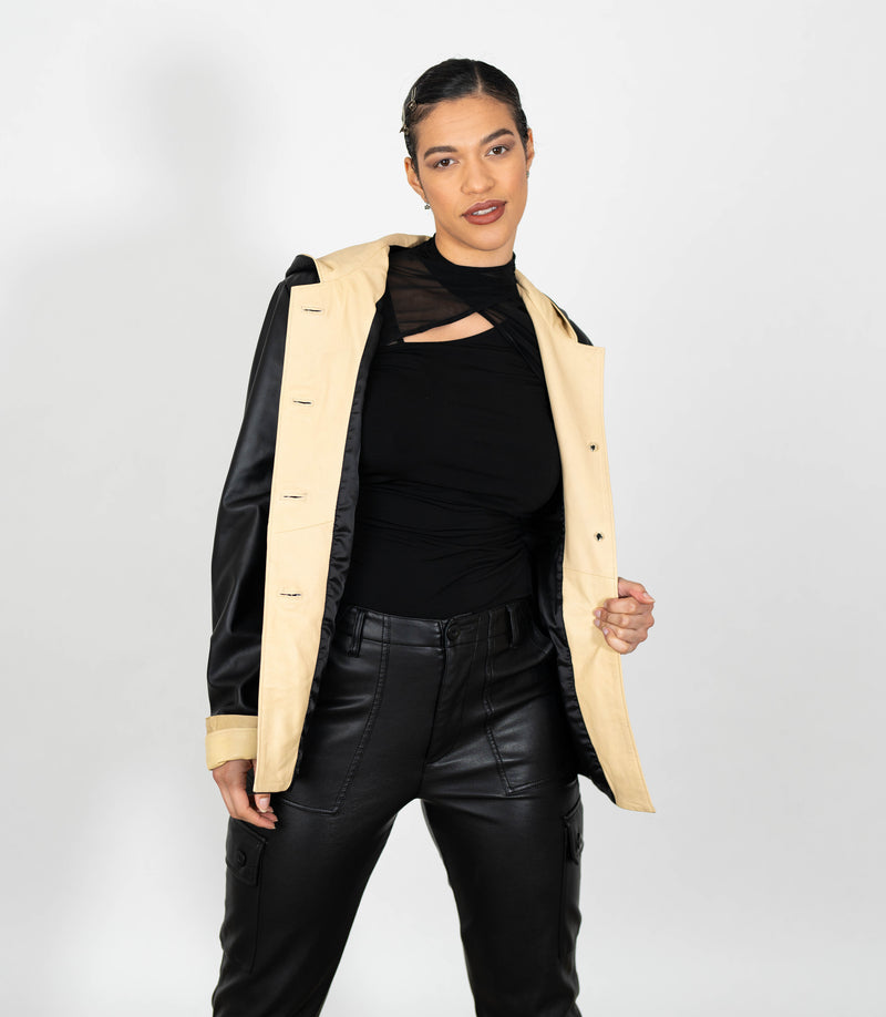 Women's Hooded Duffle Leather Jacket - Black