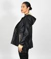 Women's Hooded Duffle Leather Jacket - Black