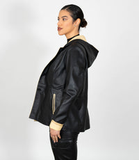 Women's Hooded Duffle Leather Jacket - Black